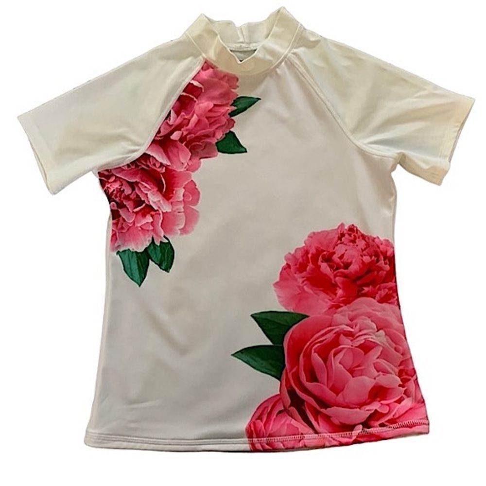 Land’s End Swim Flower Print Mock Neck Rash Guard Girls M(10-12) White & Pink